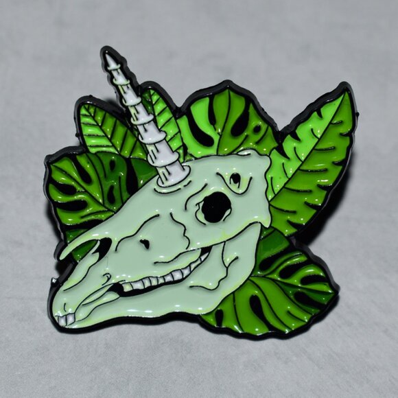 Jewelry - Unicorn Skull Skeleton Leaves Dark Fantasy Enamel Pin